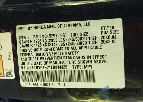 2020 Honda Passport Awd Sport from USA, damaged, VIN 5FNYF8H21LB014825